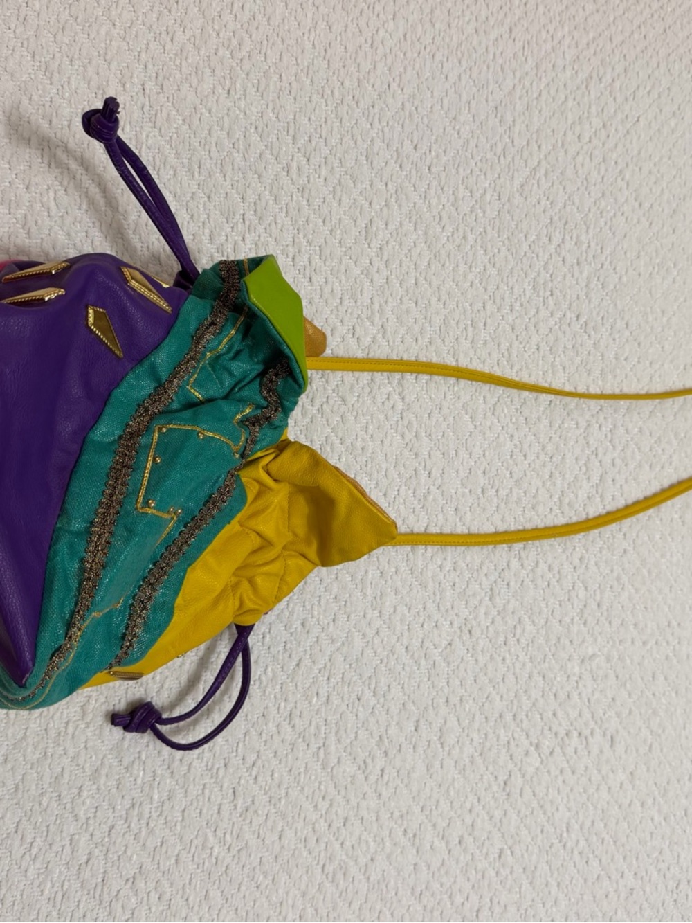 Vintage 80’s Colorblock Drawstring Shoulder Bag in Purple, Teal & Yellow - Picture 13 of 13